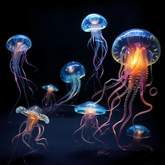 Deep-sea creatures illuminated by bioluminescence