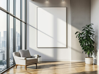 Modern office interior with large windows, city view, hardwood floors, a large blank frame on the wall, a lounge chair, and a potted plant. Ai generative