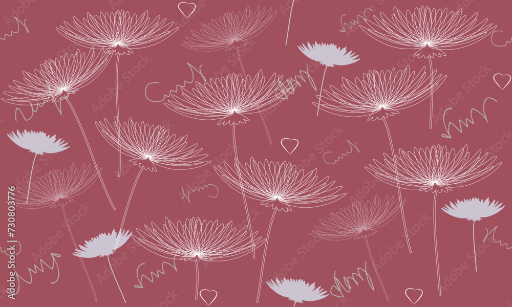 Wall mural Seamless pattern with outlined asters and hearts on a pink background. Vector illustration for wallpaper, fabric, packaging design