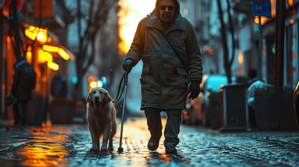 Blindness, Independence. Blind man at sunset-slow motion walking with dog. Blind handicapped guy...