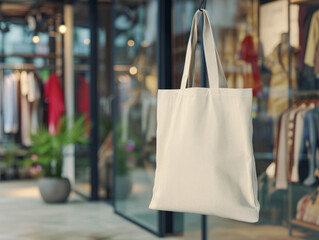 A blank tote bag is displayed in front of a boutique with clothing and mannequins visible through a window, highlighting the bag as a mockup template with copy space.  Ai generative - obrazy, fototapety, plakaty