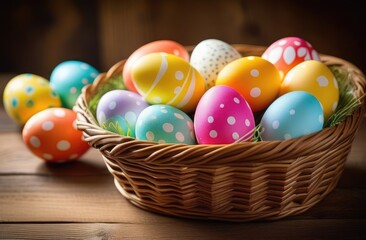 Fototapeta na wymiar Basket with painted colored eggs