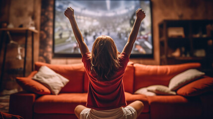 Back view of a young girl celebrating victory in video game on couch at living room.