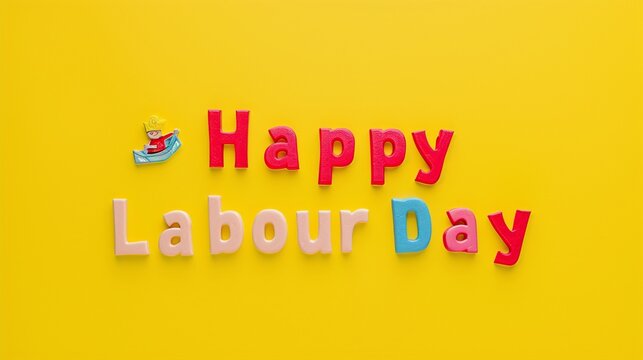 a photo text of word " Happy Labour Day " on solid yellow background
