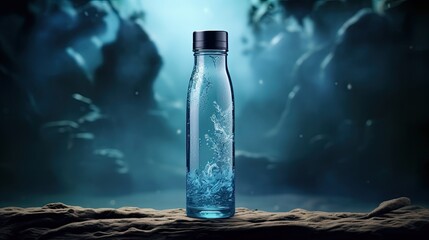 pure water bottle with water falling on it in natural environment, environmental health concept - obrazy, fototapety, plakaty