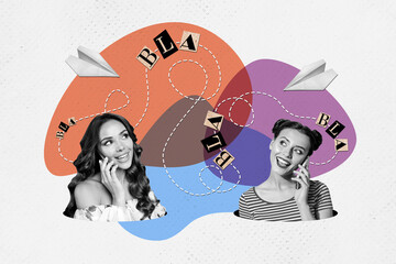 Horizontal creative photo collage picture of smiling funny ladies communicating talk call modern gadgets isolated on drawing background