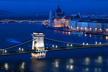 Aerial view of the famous chain bridge crossing the Danube river towards the city centre of...