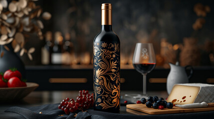 mockup of a elegant and refined wine bottle with a gold and red design and a cork, containing a smooth and rich product, placed on a velvet surface with a glass and a cheese board on a dark background
