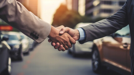 Close up hand of Customer shake hand with auto insurance agents after agreeing to terms of insurance with blurred car on background. - obrazy, fototapety, plakaty