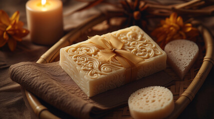 Fototapeta na wymiar mockup of a luxurious and exotic soap bar with a carved pattern and a fragrant scent, wrapped in a silk ribbon and a paper label, lying on a bamboo tray with a sponge and a candle on a brown backgroun