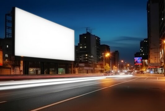 Blank billboard on the highway during the twilight with city background with clipping path on screen for display your products or promotional