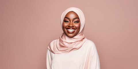 Smiling woman in pink hijab on beige background. Fashion and confidence concept. Generative AI