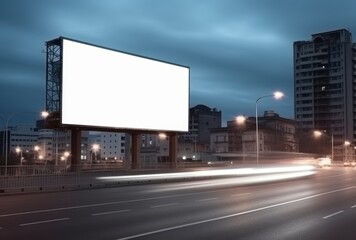 Blank billboard on the highway during the twilight with city background with clipping path on screen for display your products or promotional