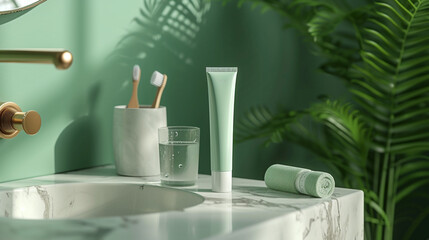 mockup of a minimalist and modern toothpaste tube with a simple logo and a minty flavor, resting on a marble sink with a toothbrush and a glass of water on a green background. 