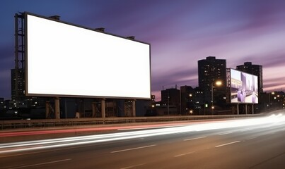 Fototapeta na wymiar Blank billboard on the highway during the twilight with city background with clipping path on screen for display your products or promotional