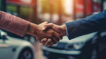 Close up hand of Customer shake hand with auto insurance agents after agreeing to terms of insurance with blurred car on background. - obrazy, fototapety, plakaty