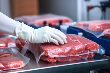 Close up hands of a worker packing meat with vacuum heat sealer for packing food in meat factory.