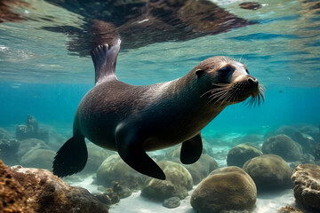 Galapagos fur seal (Arctocephalus galapagoensis) swimming in tropical underwaters. Lion seal in under water world. Observation of wildlife ocean. Scuba diving adventure in Ecuador coast. Copy space