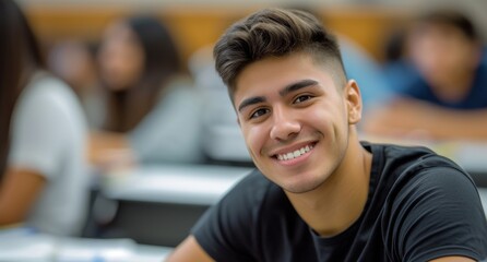 Smiling latino male college student sitting a classroom. Student study in class, with copy space.