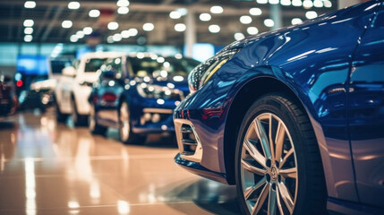 Close up of New cars display in luxury showroom with light bokeh in motor show event.