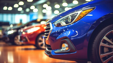 Fototapeta na wymiar Close up of New cars display in luxury showroom with light bokeh in motor show event.
