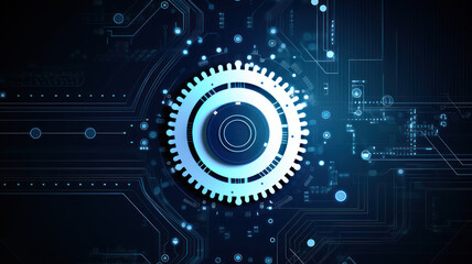 Obraz premium Abstract techno gear background with geometric colorful gear wheels. Space for gear text. Vector gears modern mechanism industrial . Technology gears