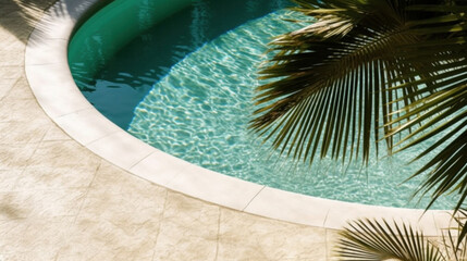 Naklejka na ściany i meble Close up, top view of swimming pool. Water and palm shadow on travertine stone background.