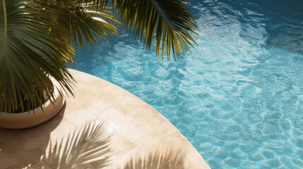 Close up, top view of swimming pool. Water and palm shadow on travertine stone background.
