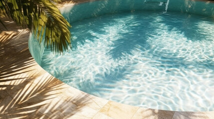 Fototapeta na wymiar Close up, top view of swimming pool. Water and palm shadow on travertine stone background.