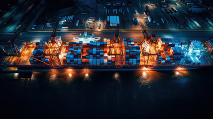 Container ship   unloading in deep sea port, Aerial  business commercial trading logistic import and export freight transportation, Container loading cargo freight ship maritime - Powered by Adobe