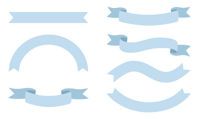 Vector set of blue flat ribbons of different shapes isolated on a white background. Wavy, straight ribbon, semicircular, curling ribbon. Ribbon template for design.