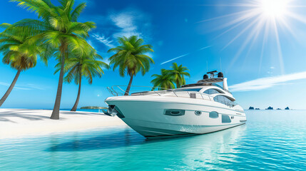 A luxury yacht anchored near a sandy beach with palm trees under a clear blue sky, suggesting an...