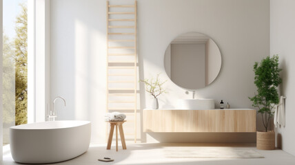 white minimalist bathroom interior with decor in eco style