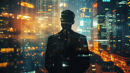 businessman, duble exposure with the sightly skyscraper, night city background - obrazy, fototapety, plakaty