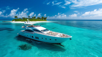 A yacht is on the clear blue ocean water near a tropical island, symbolizing a luxury vacation or...