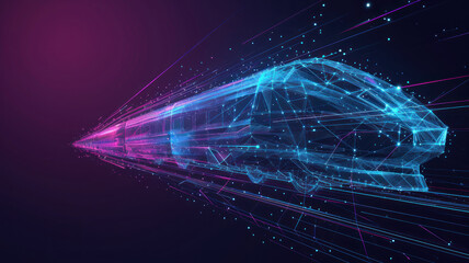 Digital low poly wireframe  futuristic high-speed train. Future logistics modern technology, transport concept Abstract 3d blue purple  connected dots  color mesh
