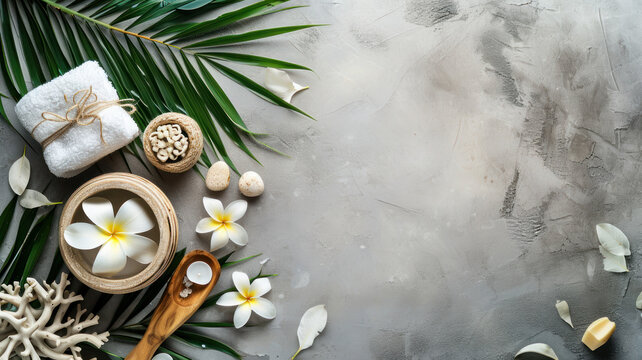 Close up top view of spa theme objects on grey background copy space