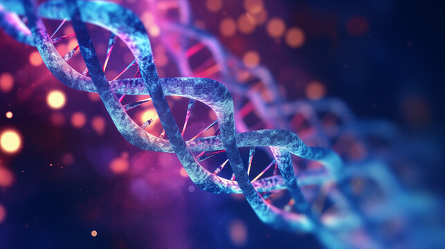A bright close up microscopic photo of a DNA spiral. Genome microphotography healthcare or science concept.