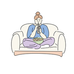 fat girl with a drink and food sitting on the sofa