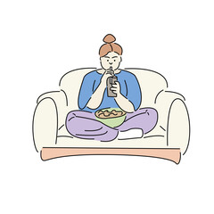 fat girl with a drink and food sitting on the sofa