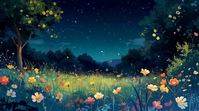 A field of beautiful wildflowers. Fantasy landscape anime or cartoon style, seamless looping 4k time-lapse virtual video animation background