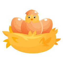 Cartoon chicken hatched from a shell in a nest made of straw. Vector illustration of a yellow chicken. New life, Easter chick. Cracked shell, Easter eggs and chicks concept on a white background.