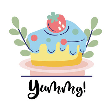 Sticker of colorful set. This endearing illustration of a tasty cake in a delightful cartoon design set against a gentle white backdrop. Vector illustration.