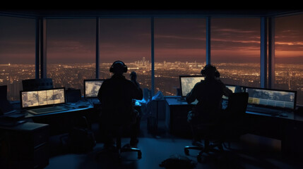 A military surveillance officers working with computer screen in central o