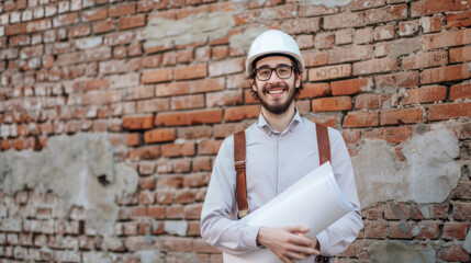 Fototapeta na wymiar A male architect engineer in a hardhat with a paper plan in his hands stands near a brick wall 
