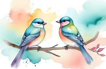Watercolor painted two birds on a branch