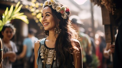 Beautiful woman with model looks, participating in local freelancer events in Bali. - obrazy, fototapety, plakaty