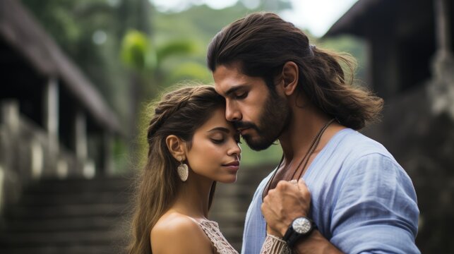 Beautiful couple with model looks, staying updated on industry news while enjoying Bali's serene atmosphere.