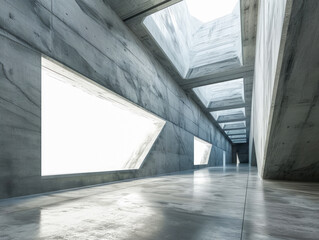 An interior view of a modern office space with angular concrete walls and geometrically shaped windows letting in natural light. Ai generative