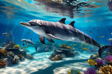 Fototapeta premium Dolphin (Delphinidae) mammal swimming in tropical underwaters. Two Dolphins in underwater wild world. Observation of wildlife ocean. Scuba diving adventure in Ecuador coast. Copy text space